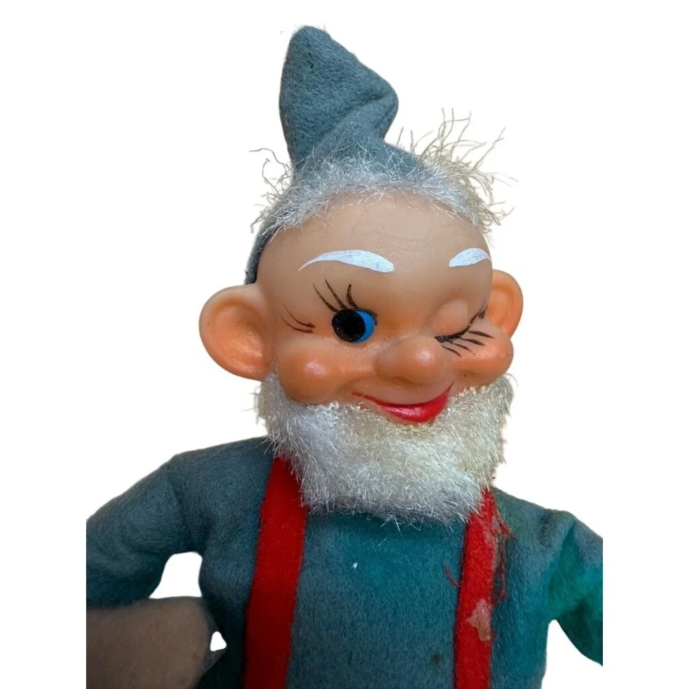 Vintage Whimsical Elf Figurine Red Overalls GR Shirt Winking Holding Trowel Tool